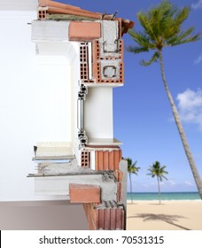 Facade Wall Cross Section Of Brick Blocks Window Structure Roof And Floor Slab In Tropical Beach [Photo Illustration]