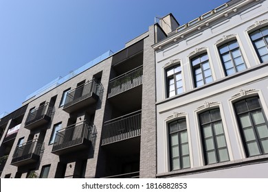 Facades in Brussels, old building and new building side by side