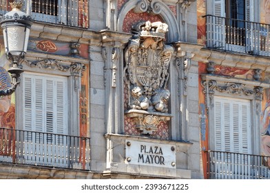Facades of buildings surrounding Plaza Mayor square in Madrid, Spain