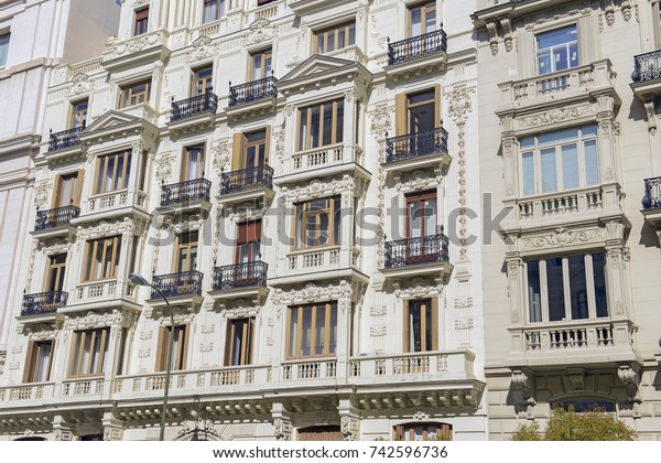 Facades Colorful Buildings Typically Found Madrid Stock Photo