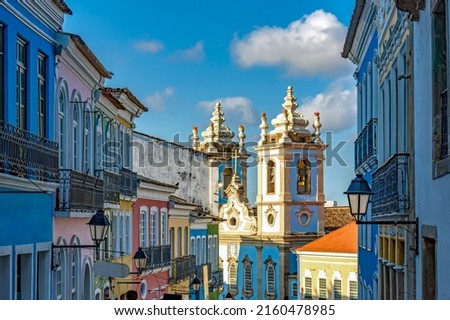 Facades of the houses, towers and churches of ancient district of Pelourinho in the beautiful city of Salvador, Bahia