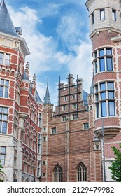 Facades of old buildings in the center of the medieval city of Antwerp (Antwerp), Belgium.