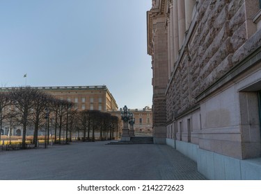 Facades Of The Royal Castle And The Parliament House A Hazy Spring Morning In Stockholm, Sweden 2022-03-31