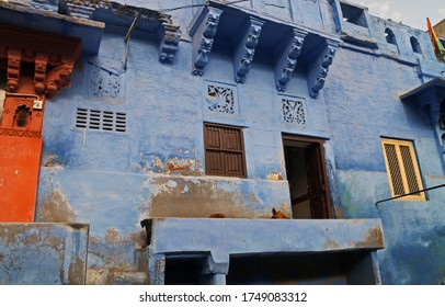Facades, windows and door of traditional houses in old city of Jodhpur. Blue city. Rajasthan, India
