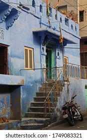 Facades, windows and door of traditional houses in old city of Jodhpur. Blue city. Rajasthan, India