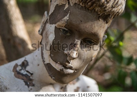 
Face of aged mannequin looking at camera