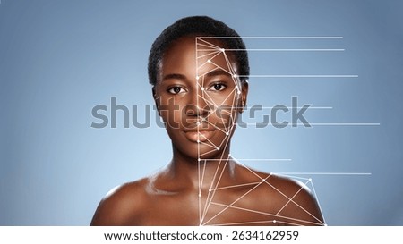 Face analysis showcasing digital overlay on a model's facial features in a studio setting
