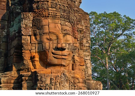 Face of ancient Bayon Temple in Angkor Wat, Siem Reap, Cambodia .