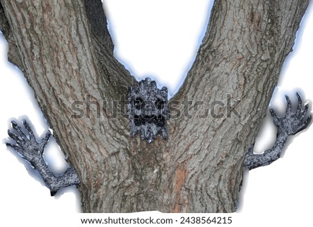 The face and arms of a monstrous figure emanates from the thick trunk of a tree.