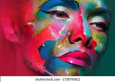 Face Art And Body Art. Creative Makeup With Colorful Patterns On The Face. Modern Makeup Art, Bold Style, Close-up Portrait Of A Woman