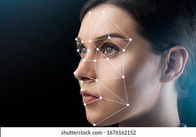 Face Authentication Concept. Beautiful Woman With Scanning Grid On Her Face Against Black Background, Space For Text. Panorama