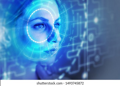 Face Of Beautiful Young Caucasian Woman With Facial Recognition And Biometric Identification Interface. Concept Of AI And Security. Double Exposure