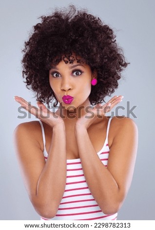 Face, beauty and portrait of black woman in studio on gray background for makeup, skincare or cosmetics. Young female, model pouting and pink lipstick or eyeshadow and natural hair confidence