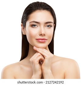 Face Beauty Woman Portrait. Brunette Model with Clean Healthy Skin and Wet Hair over White Background. Women Facial Contours Cosmetic and Hands Care