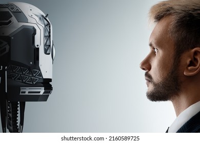 The face of a businessman and a robot opposite each other look into the eyes. Modern technologies, robot versus human, artificial intelligence, neural networks. 3D render, 3D illustration