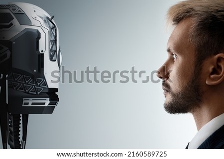 The face of a businessman and a robot opposite each other look into the eyes. Modern technologies, robot versus human, artificial intelligence, neural networks. 3D render, 3D illustration