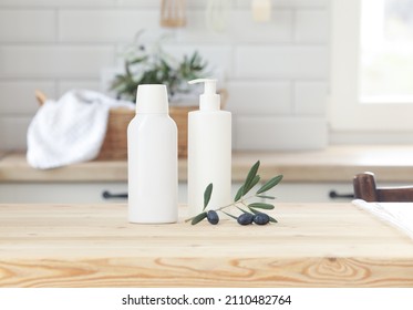 Face care and skin care, health and beauty concept with copy space. Scandinavian kitchen interior. Surface of a wooden table. - Shutterstock ID 2110482764