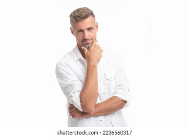 face of cheerful unshaven man in white shirt. portrait of unshaven man style. studio shot - Shutterstock ID 2236560317
