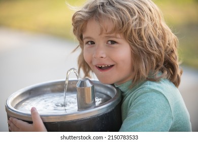 Face Close Up Portrait Of Kid Drinking Water From Outdoor Water Fountain Outdoor.