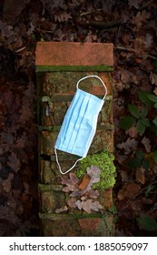 Face Covering Discarded As Litter On A Broken Wall In Winter Leaves - PPE Mask Used Once