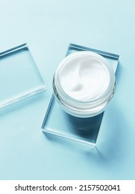 Face Cream Moisturiser Jar On Glass And Mint Background, Beauty Product And Skincare, Cosmetic Science Concept