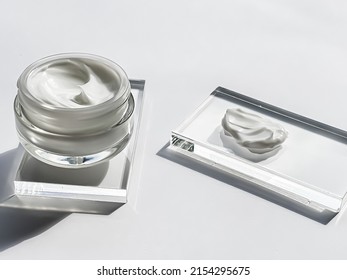 Face Cream Moisturiser Jar And Product Sample On Glass, Beauty And Skincare, Cosmetic Science Concept