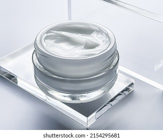 Face Cream Moisturiser Jar And Product Sample On Glass, Beauty And Skincare, Cosmetic Science Concept