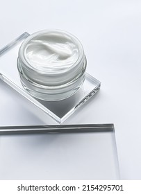 Face Cream Moisturiser Jar And Product Sample On Glass, Beauty And Skincare, Cosmetic Science Concept