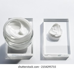 Face Cream Moisturiser Jar And Product Sample On Glass, Beauty And Skincare, Cosmetic Science Concept