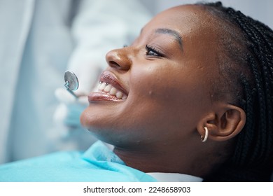 Face, dental and black woman at dentist, orthodontics tools with teeth cleaning and smile for healthcare check. Health for mouth, teeth whitening and tooth decay with oral hygienist and gum disease - Powered by Shutterstock