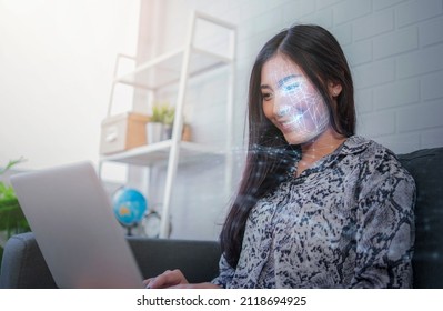 Face detection AI technology, facial recognition security user identification access, girl using computer laptop working at home, smart scanning sensor environment surrounding, 3d model wireframe.