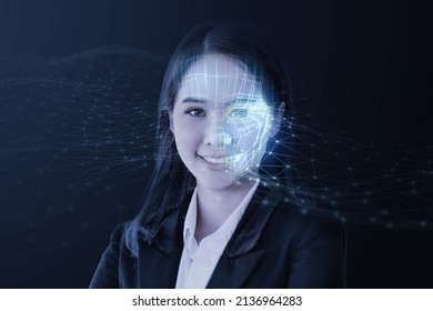 Face detection AI technology, facial recognition security user identification access, Asian businesswoman confident, smart scanning sensor environment surrounding concept, 3d model wireframe.