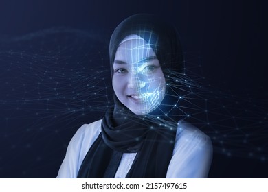 Face detection AI technology, facial recognition security user identification access, Asian Muslim woman confident smiling, smart scanning sensor environment surrounding concept, 3d model wireframe.