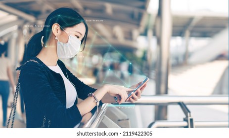 Face Detection On Smartphone Concept. Identity Scan Young Adult Business Asian Woman Wear Face And Mask . Lifestyle With Public Health On Day Concept.