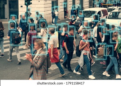 Face detection and recognition of citizens people, AI collect and analyze human data. Artificial intelligence AI concept as technology for safe city in future.