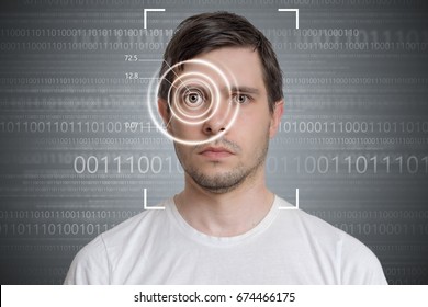 Face detection and recognition of man. Computer vision concept. Binary code in background.