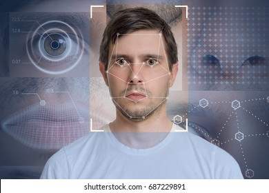 Face detection and recognition of man. Computer vision and machine learning concept.