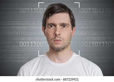 Face detection and recognition of man. Computer vision concept. Binary code in background.