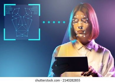 Face detection. Technological 3d Scanning. Future. Biometric facial recognition. Face Id. Technological scanning of girl face. Biometric. Security system. Woman with modern gadget