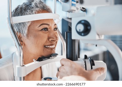 Face, eye exam or happy woman in test or consulting doctor for eyesight assessment at optometrist office. Senior customer testing vision with optician helping or checking iris or retina visual health - Shutterstock ID 2266690177