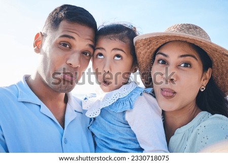 Face, family and funny with selfie on vacation for bonding with children in outdoor for travel. Silly, portrait and love and kids or parents on holiday for quality time, adventure or goofy people.