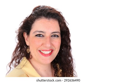 Face Forward Normal Headshot Of A Spanish Woman With Dark Long Hair Brown Eyes Wearing A Yellow Blouse