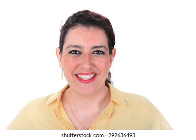 Face Forward Normal Headshot Of A Spanish Woman With Dark Hair Brown Eyes Wearing A Yellow Blouse