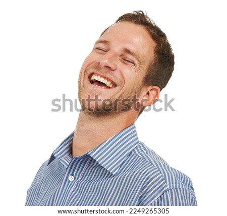 Face, funny and laughing businessman in studio for happy joke, comic and happiness. Smile, comedy and confident worker on white background for meme, corporate success and executive motivation