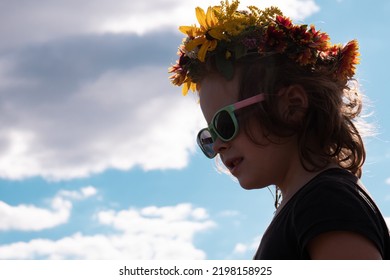 Face Girl 5 Years Old In Black Sunglasses Against The Sky,summer Time Concept Copy Space.