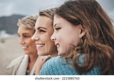 Face, Girl, Mother And Grandma At A Beach, Relax, Travel And Family Vacation In Florida With Multigenerational Women. Happy Family, Smile And Holiday With Ladies Embracing And Enjoy Mexico Ocean View