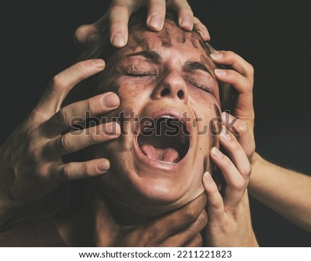 Face, hands and anxiety schizophrenia woman crying, pain and sad suffering from mental health depression, bipolar and stress. Trauma, problems and depressed girl screaming, scared and shout for help