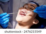 Face, hands and tools with woman at dentist for oral hygiene or dental care appointment closeup. Checkup, healthcare and medical equipment with patient in chair at clinic for mouth cleaning or exam