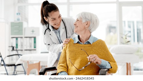 Face, happy or doctor with old woman In wheelchair or consultation for healthcare in hospital clinic. Portrait, smile or medical worker consulting an elderly person with a disability in appointment - Powered by Shutterstock