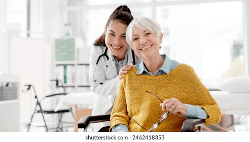 Face, happy or doctor with old woman In wheelchair or consultation for healthcare in hospital clinic. Portrait, smile or medical worker consulting an elderly person with a disability in appointment - Powered by Shutterstock